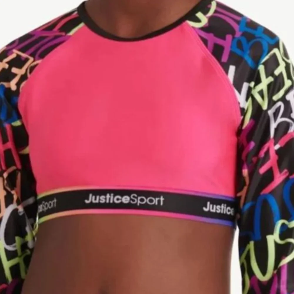 NWT Justice Sport Girls Pink Long Sleeve Rashguard Swimsuit Set L 12-14